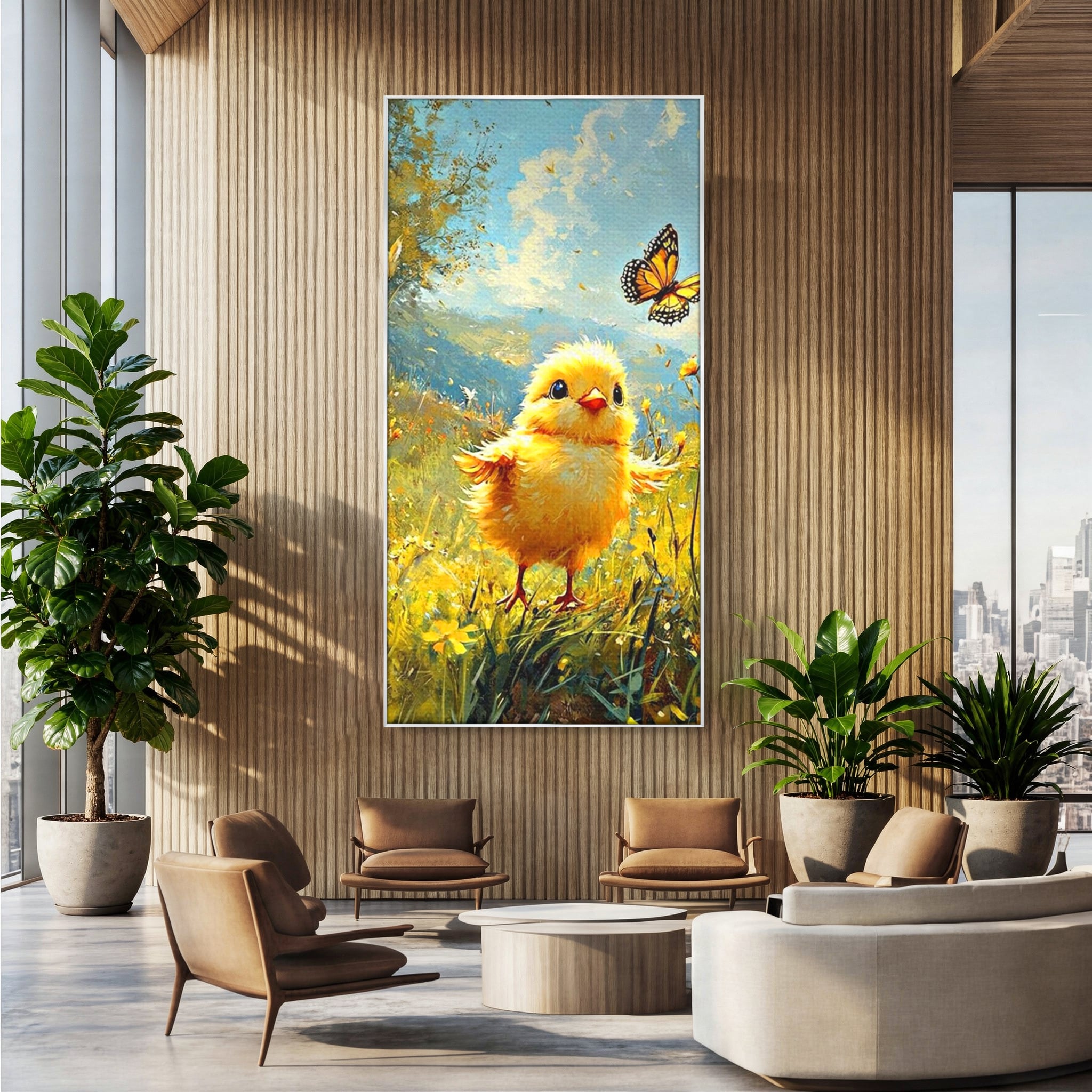Tablou canvas cu tablou canvas cu pui de pasare si fluture, in rama de aluminiu argintiu, pe perete intr-un birou